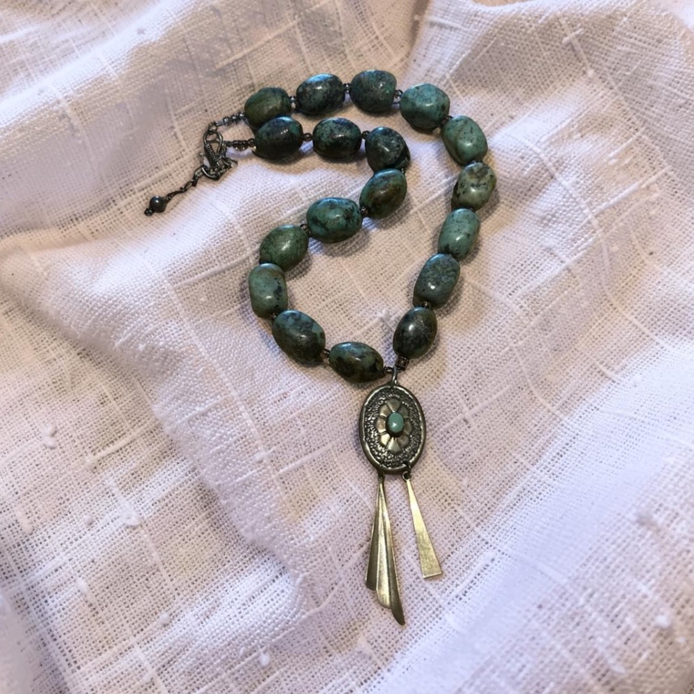 Genuine Turquoise Beaded Necklace with Sterling Silver Concho Pendant.